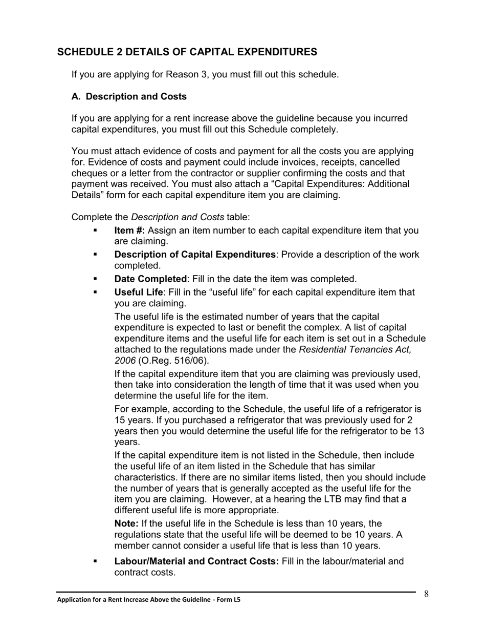 Instructions for Form L5 Application for a Rent Increase Above the Guideline - Ontario, Canada, Page 9