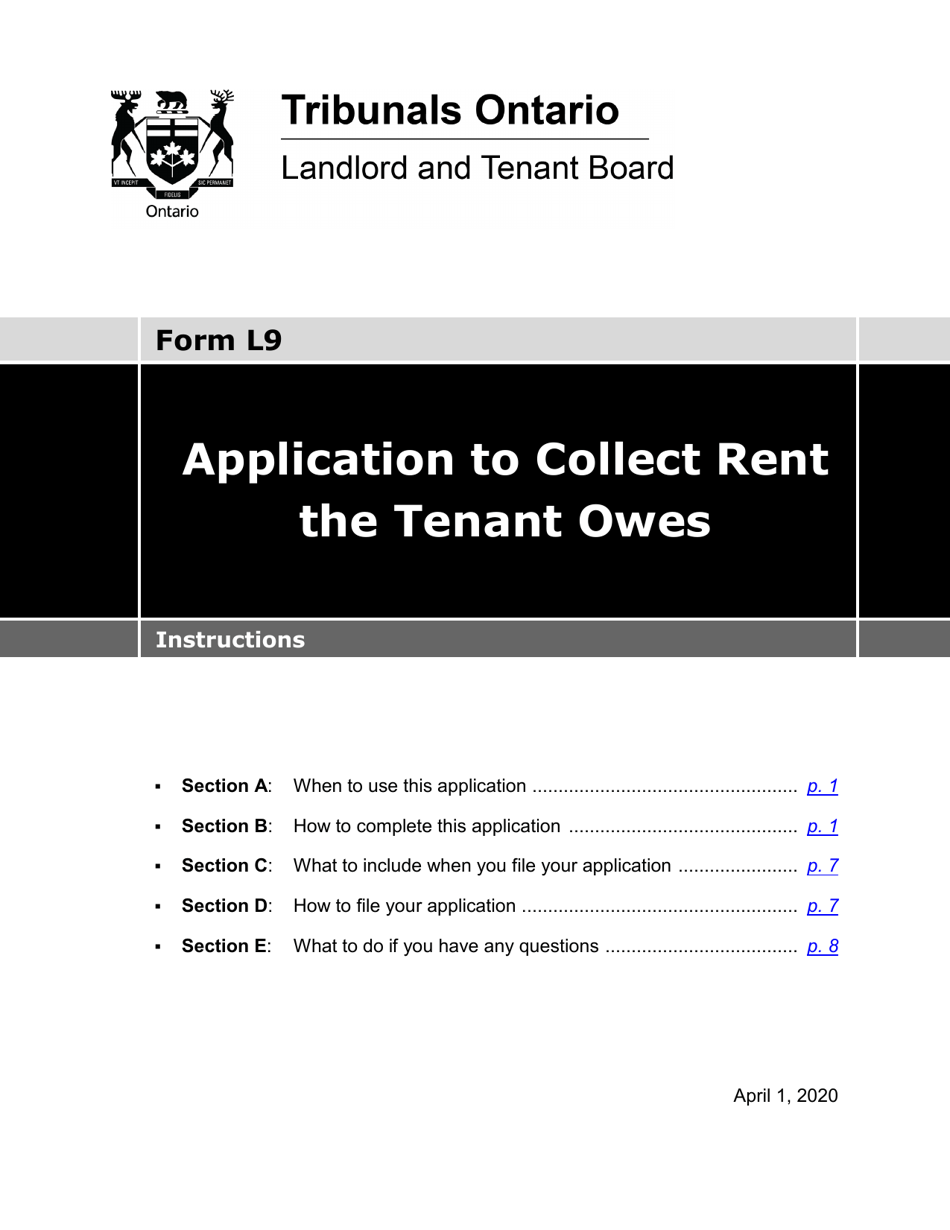 Instructions for Form L9 Application to Collect Rent the Tenant Owes - Ontario, Canada, Page 1
