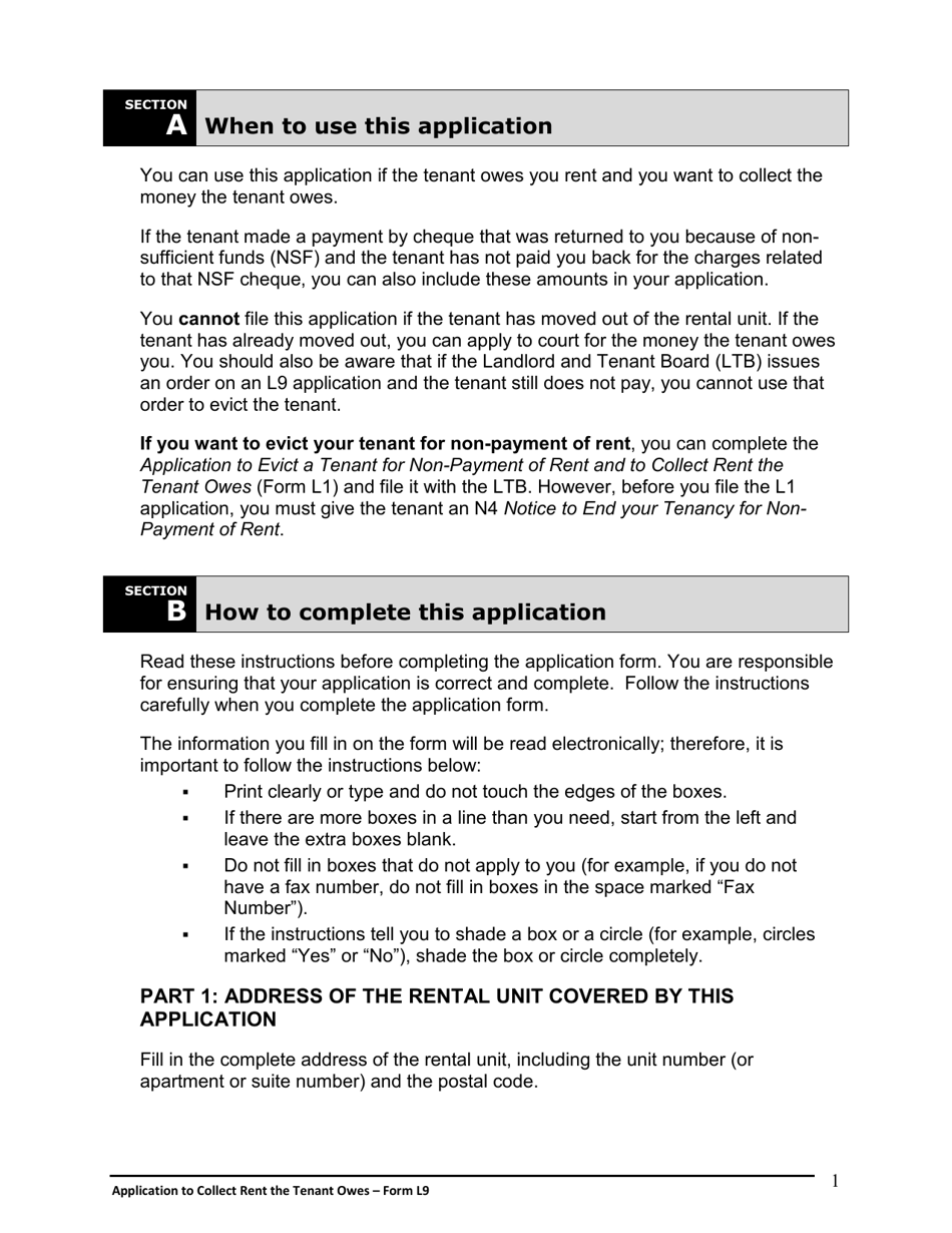 Instructions for Form L9 Application to Collect Rent the Tenant Owes - Ontario, Canada, Page 2
