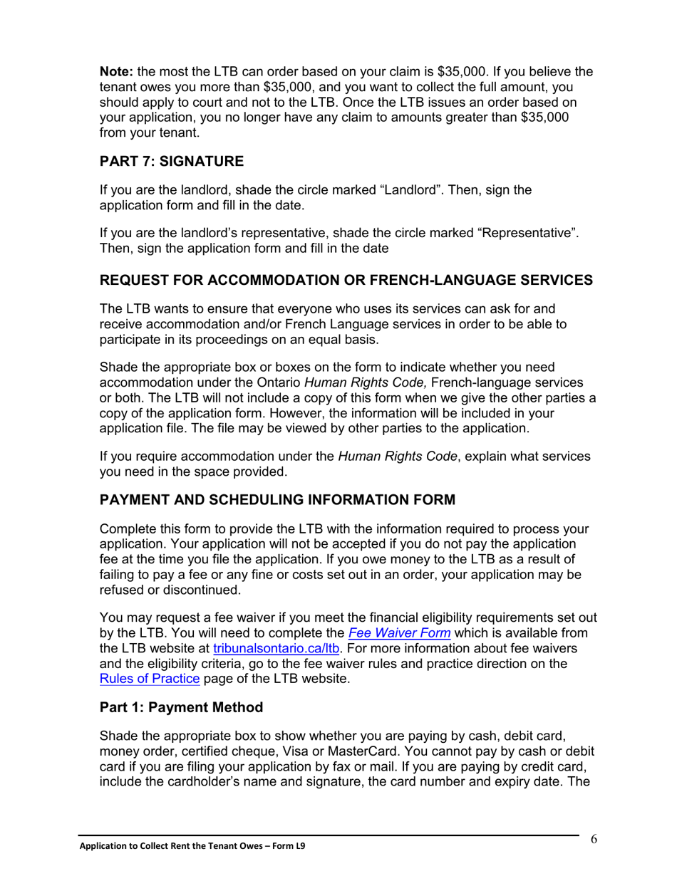 Instructions for Form L9 Application to Collect Rent the Tenant Owes - Ontario, Canada, Page 7