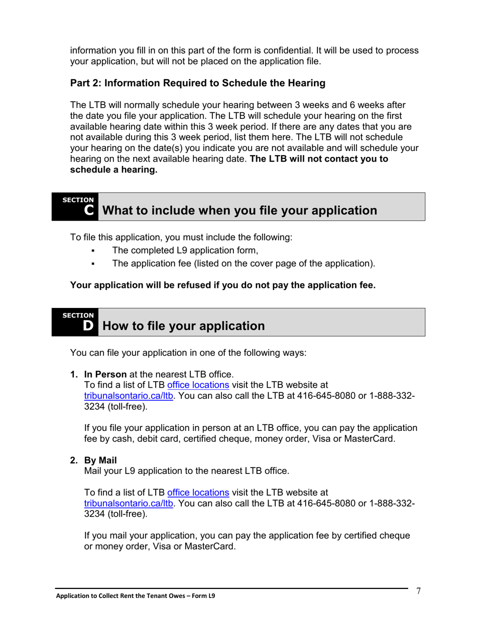Instructions for Form L9 Application to Collect Rent the Tenant Owes - Ontario, Canada, Page 8