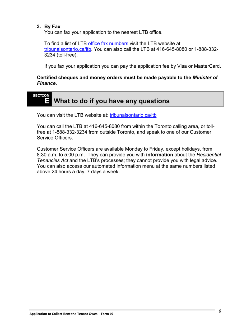 Instructions for Form L9 Application to Collect Rent the Tenant Owes - Ontario, Canada, Page 9