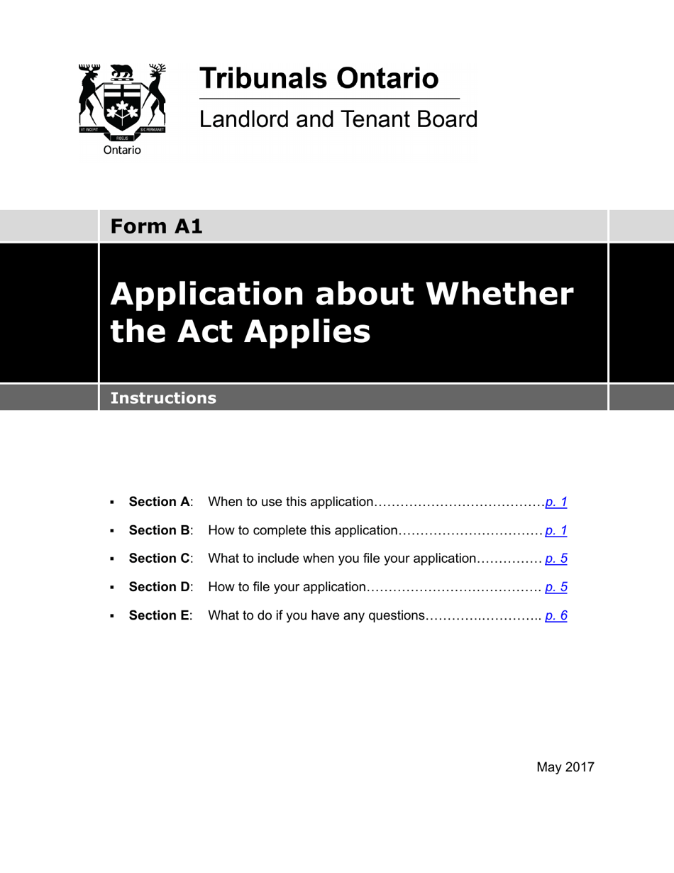 Instructions for Form A1 Application About Whether the Act Applies - Ontario, Canada, Page 1