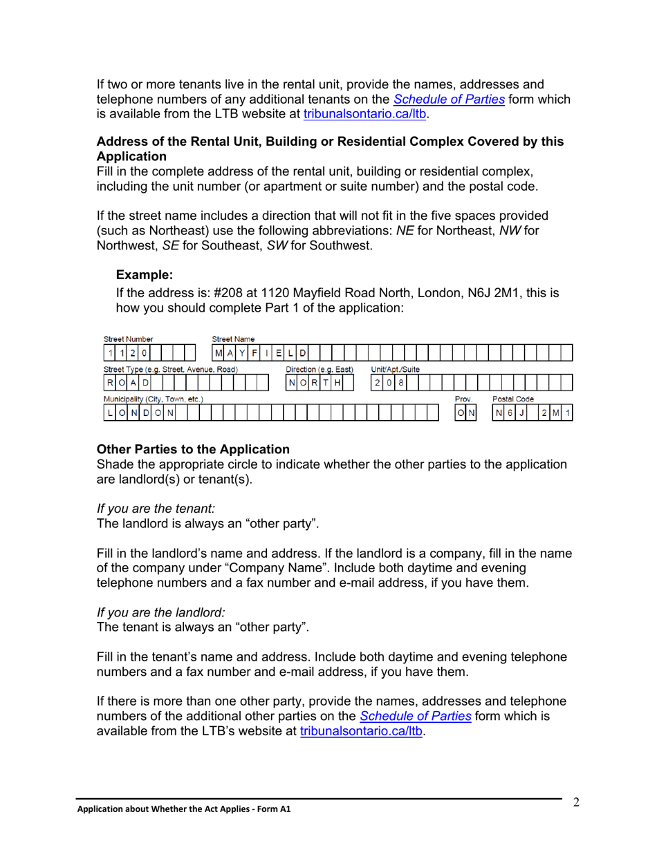 Instructions for Form A1 Application About Whether the Act Applies - Ontario, Canada, Page 3