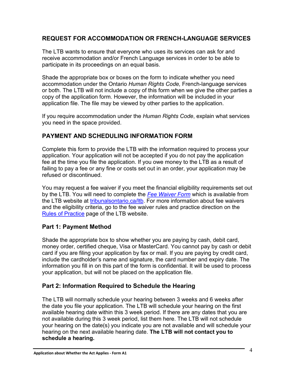 Instructions for Form A1 Application About Whether the Act Applies - Ontario, Canada, Page 5