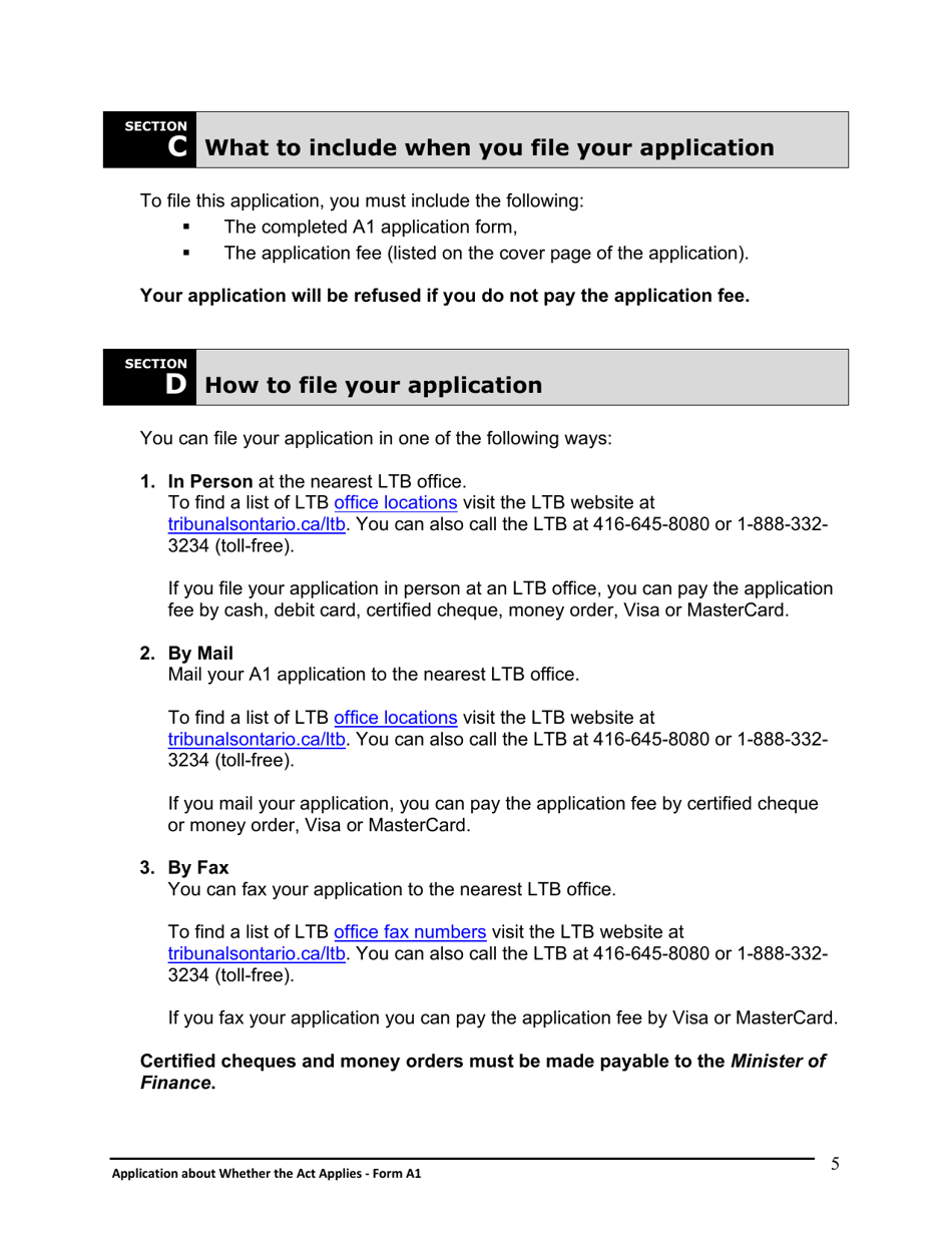 Instructions for Form A1 Application About Whether the Act Applies - Ontario, Canada, Page 6
