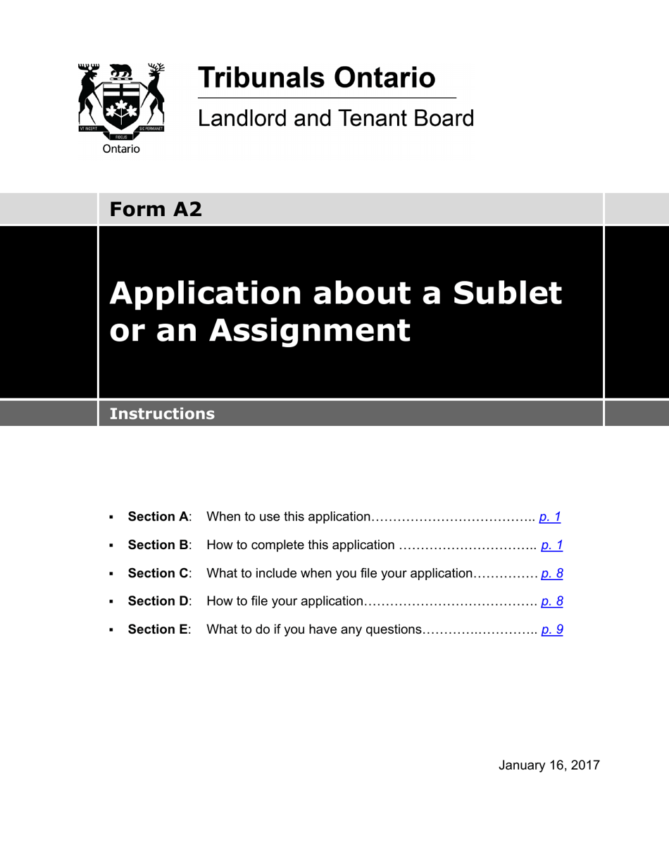Instructions for Form A2 Application About a Sublet or an Assignment - Ontario, Canada, Page 1