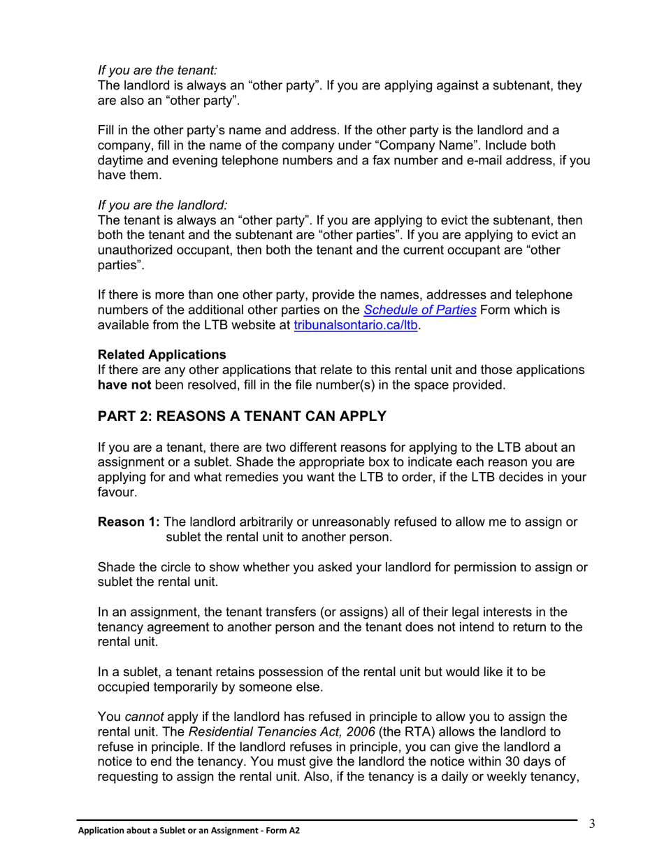 Instructions for Form A2 Application About a Sublet or an Assignment - Ontario, Canada, Page 4