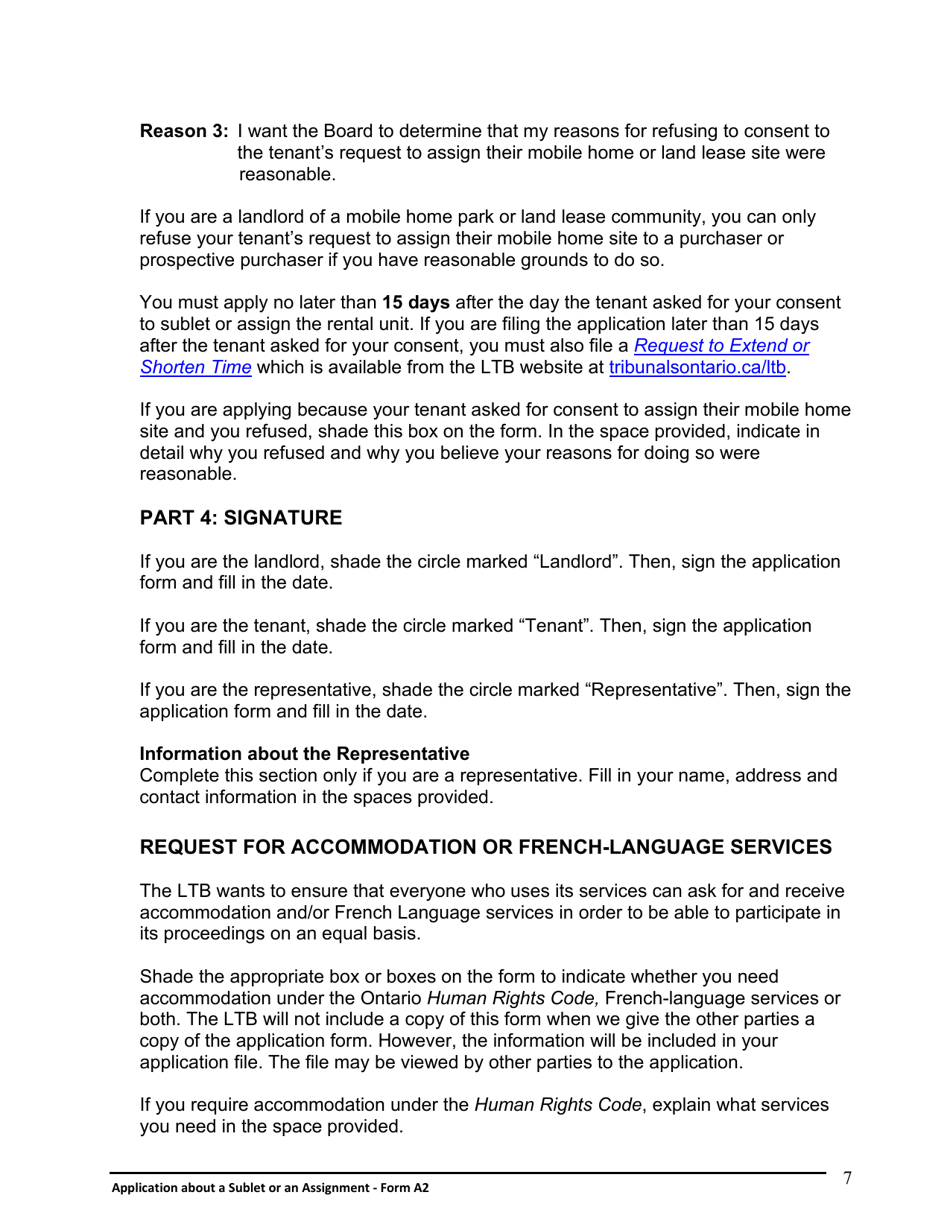 Instructions for Form A2 Application About a Sublet or an Assignment - Ontario, Canada, Page 8