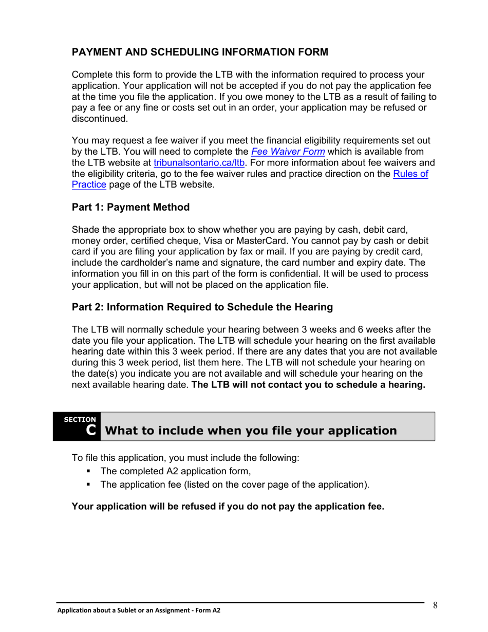 Instructions for Form A2 Application About a Sublet or an Assignment - Ontario, Canada, Page 9