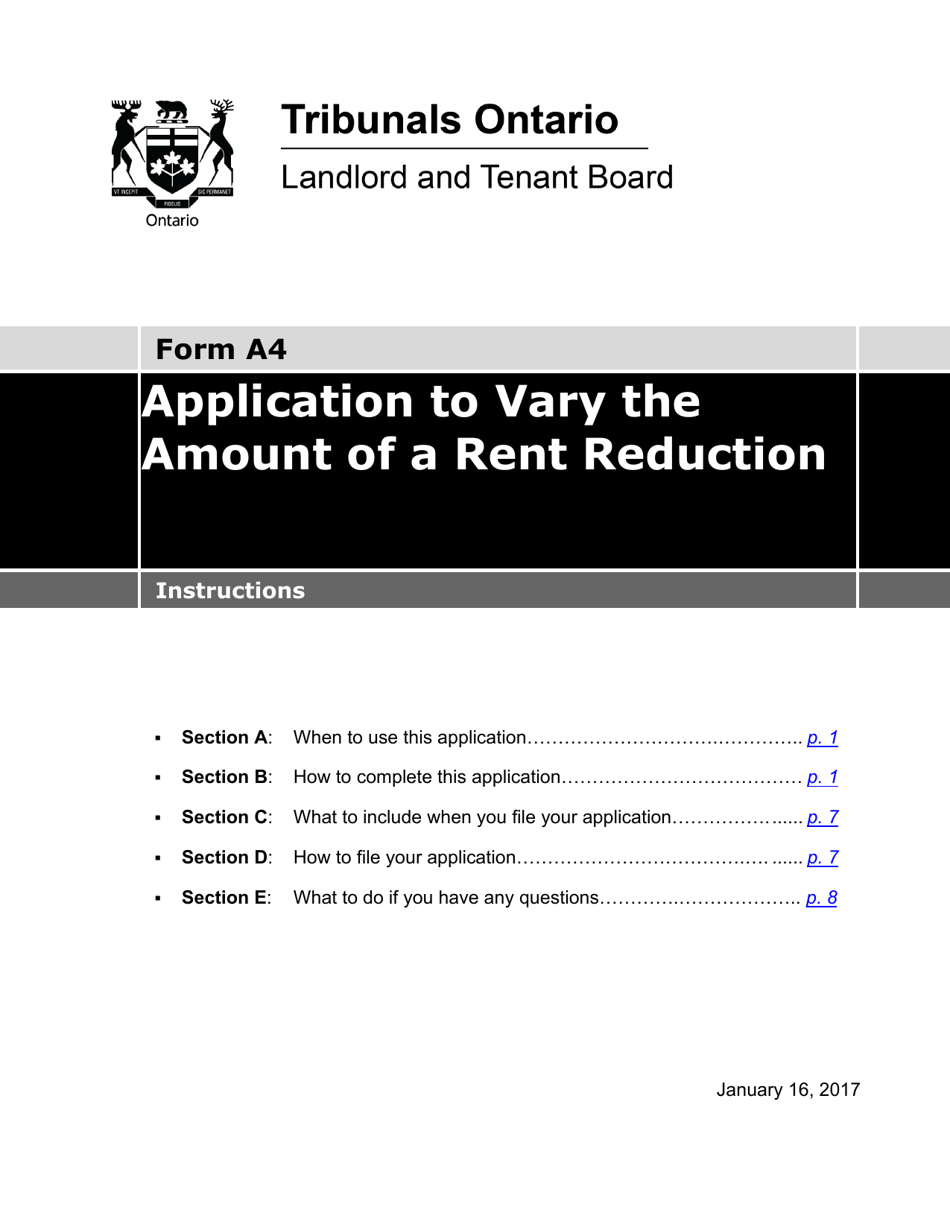 Instructions for Form A4 Application to Vary the Amount of a Rent Reduction - Ontario, Canada, Page 1