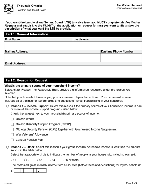 Fee Waiver Request - Ontario, Canada Download Pdf