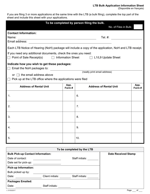 Ltb Bulk Application Information Sheet - Ontario, Canada Download Pdf