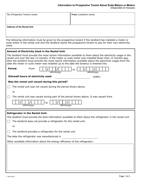 Information to Prospective Tenant About Suite Meters or Meters - Ontario, Canada Download Pdf