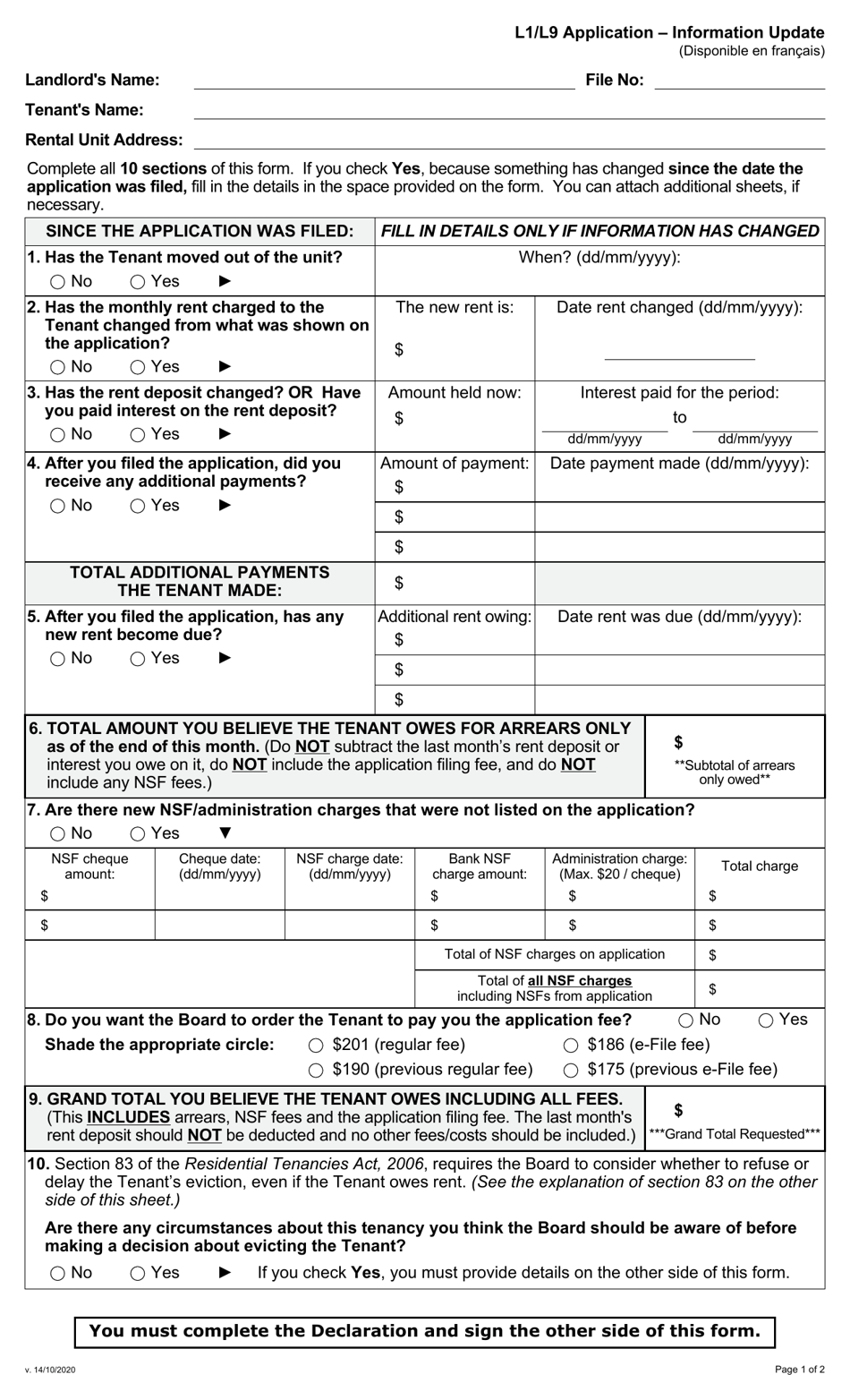 Form L1 (L9) Information Update as of the Hearing Day Form - Ontario, Canada, Page 2