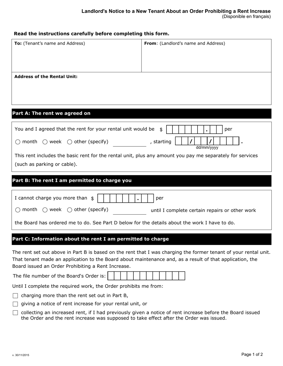 Landlords Notice to a New Tenant About an Order Prohibiting a Rent Increase - Ontario, Canada, Page 1