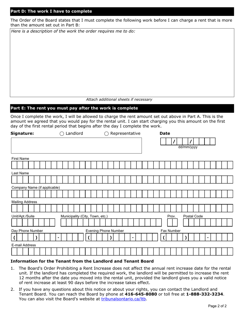 Landlords Notice to a New Tenant About an Order Prohibiting a Rent Increase - Ontario, Canada, Page 2