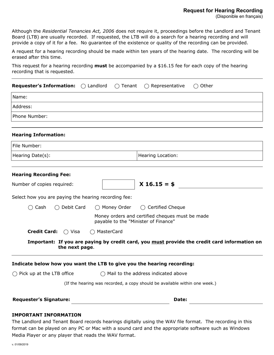 Request for Hearing Recording - Ontario, Canada, Page 1