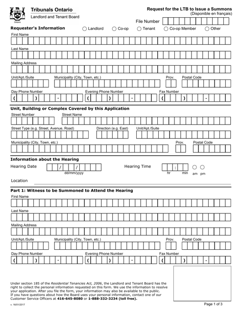 Request for the Ltb to Issue a Summons - Ontario, Canada Download Pdf