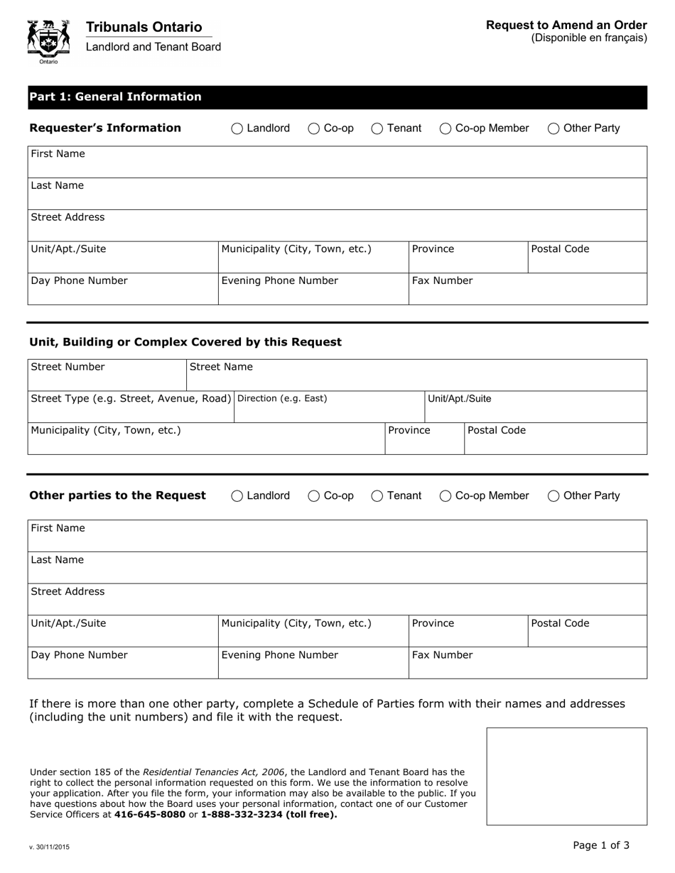 Request to Amend an Order - Ontario, Canada, Page 1