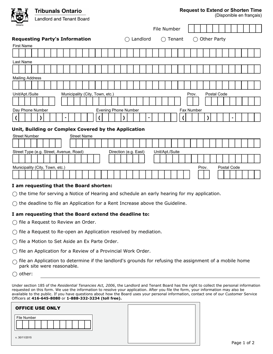 Request to Extend or Shorten Time - Ontario, Canada, Page 1