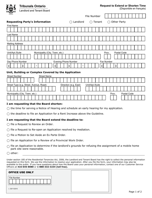 Request to Extend or Shorten Time - Ontario, Canada Download Pdf