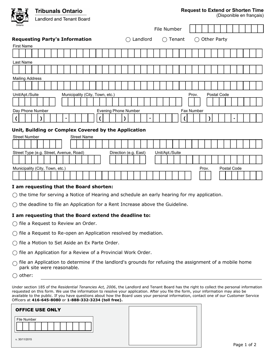 Ontario Canada Request to Extend or Shorten Time Download Fillable PDF ...