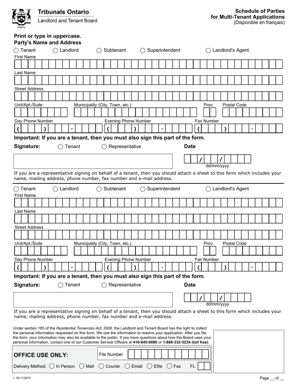 Schedule of Parties for Multi-Tenant Applications - Ontario, Canada, Page 1