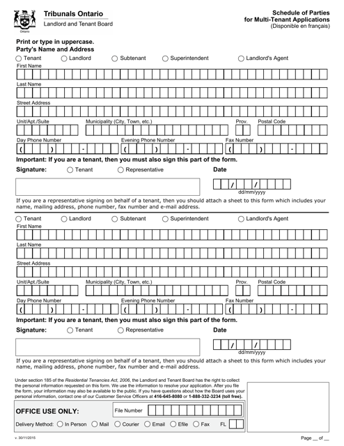 Schedule of Parties for Multi-Tenant Applications - Ontario, Canada Download Pdf