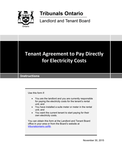 Instructions for Tenant Agreement to Pay Directly for Electricity Costs - Ontario, Canada Download Pdf