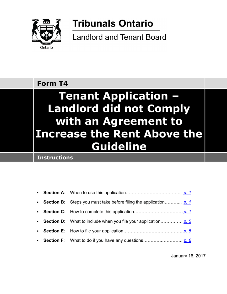 Instructions for Form T4 Tenant Application - Landlord Did Not Comply With an Agreement to Increase the Rent Above the Guideline - Ontario, Canada, Page 1