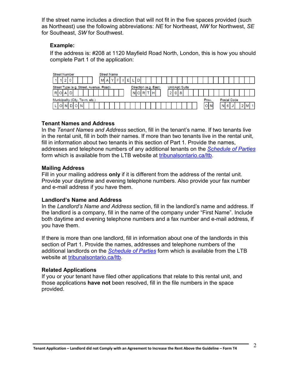 Instructions for Form T4 Tenant Application - Landlord Did Not Comply With an Agreement to Increase the Rent Above the Guideline - Ontario, Canada, Page 3