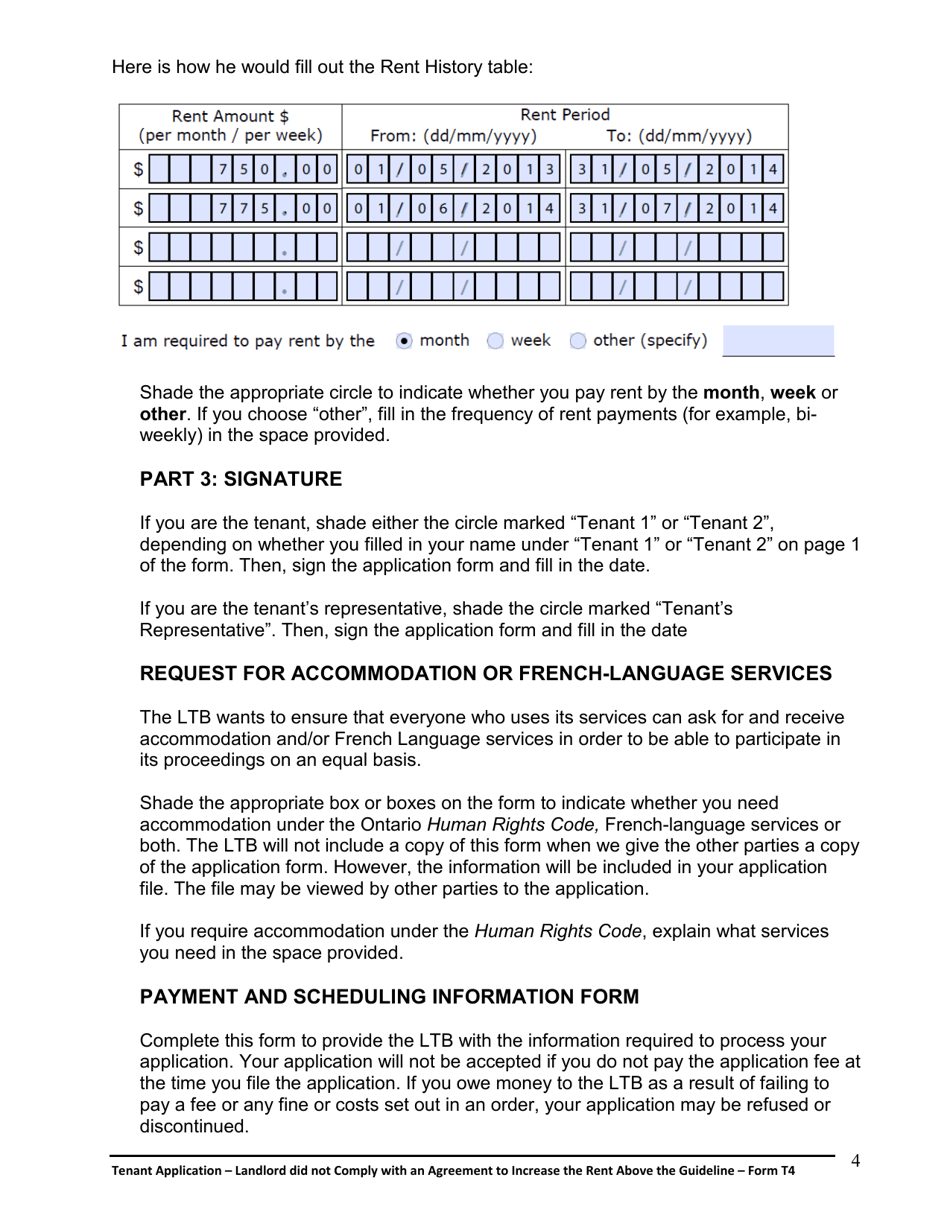 Instructions for Form T4 Tenant Application - Landlord Did Not Comply With an Agreement to Increase the Rent Above the Guideline - Ontario, Canada, Page 5