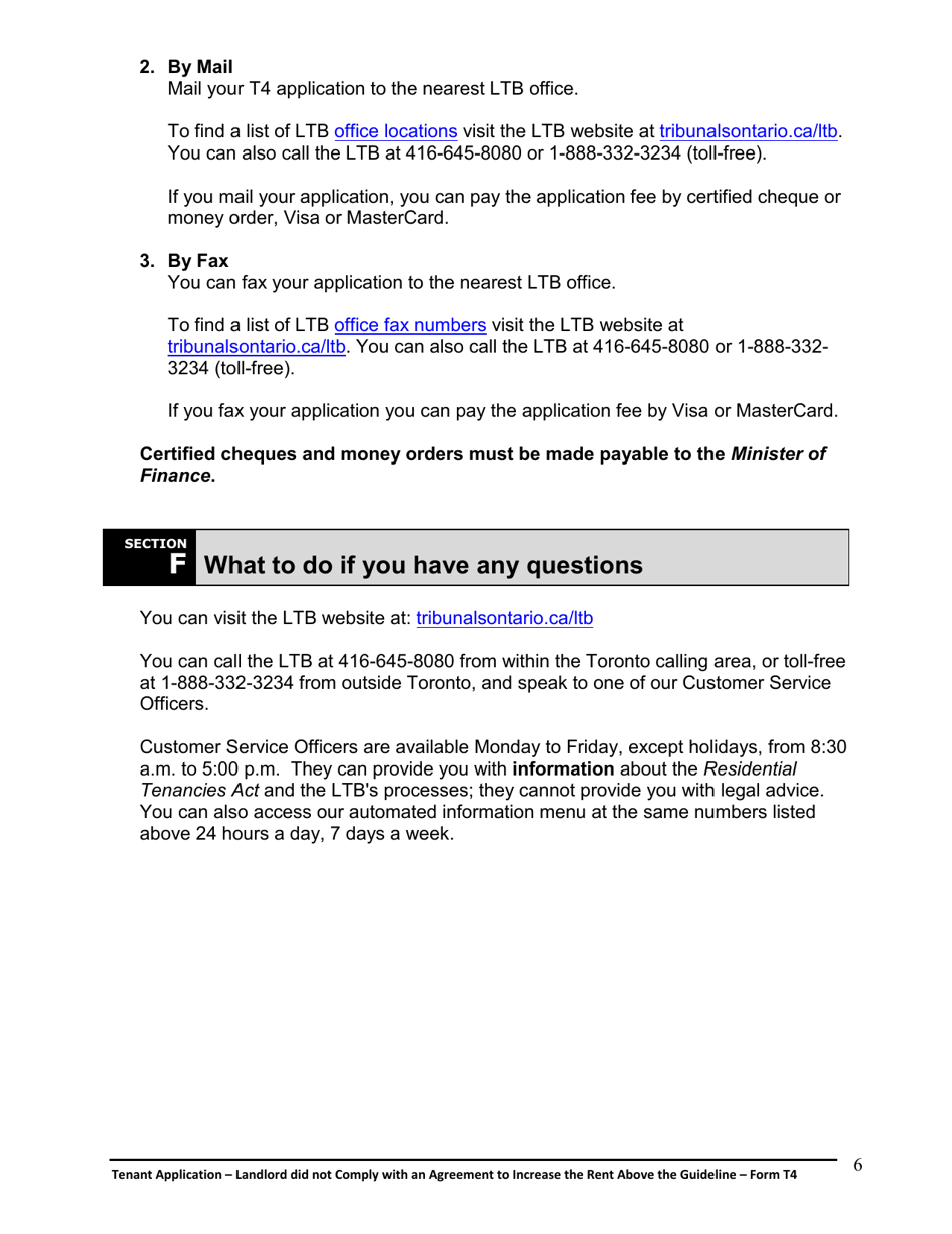 Instructions for Form T4 Tenant Application - Landlord Did Not Comply With an Agreement to Increase the Rent Above the Guideline - Ontario, Canada, Page 7