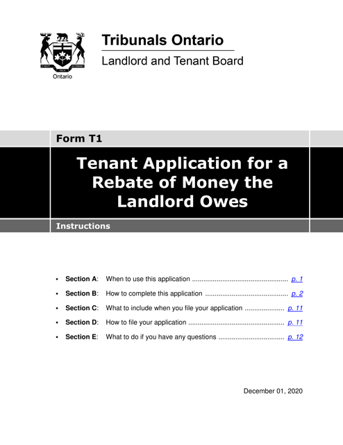 Instructions for Form T1 Tenant Application for a Rebate of Money the Landlord Owes - Ontario, Canada