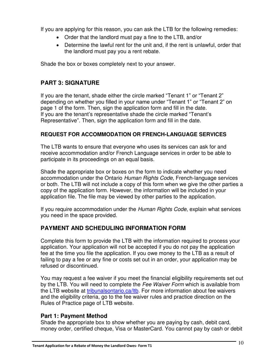 Instructions for Form T1 Tenant Application for a Rebate of Money the Landlord Owes - Ontario, Canada, Page 11