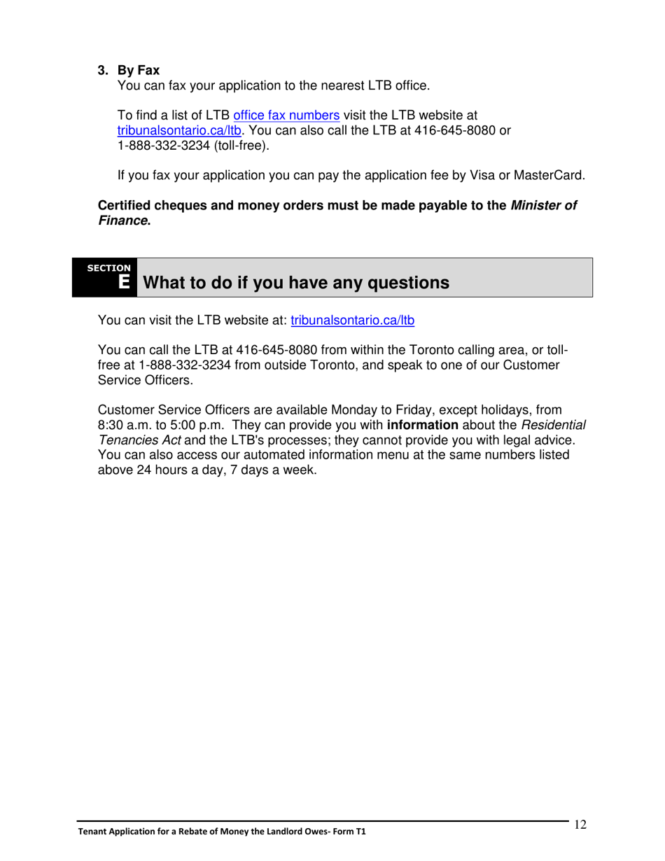 Instructions for Form T1 Tenant Application for a Rebate of Money the Landlord Owes - Ontario, Canada, Page 13