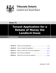 Instructions for Form T1 Tenant Application for a Rebate of Money the Landlord Owes - Ontario, Canada