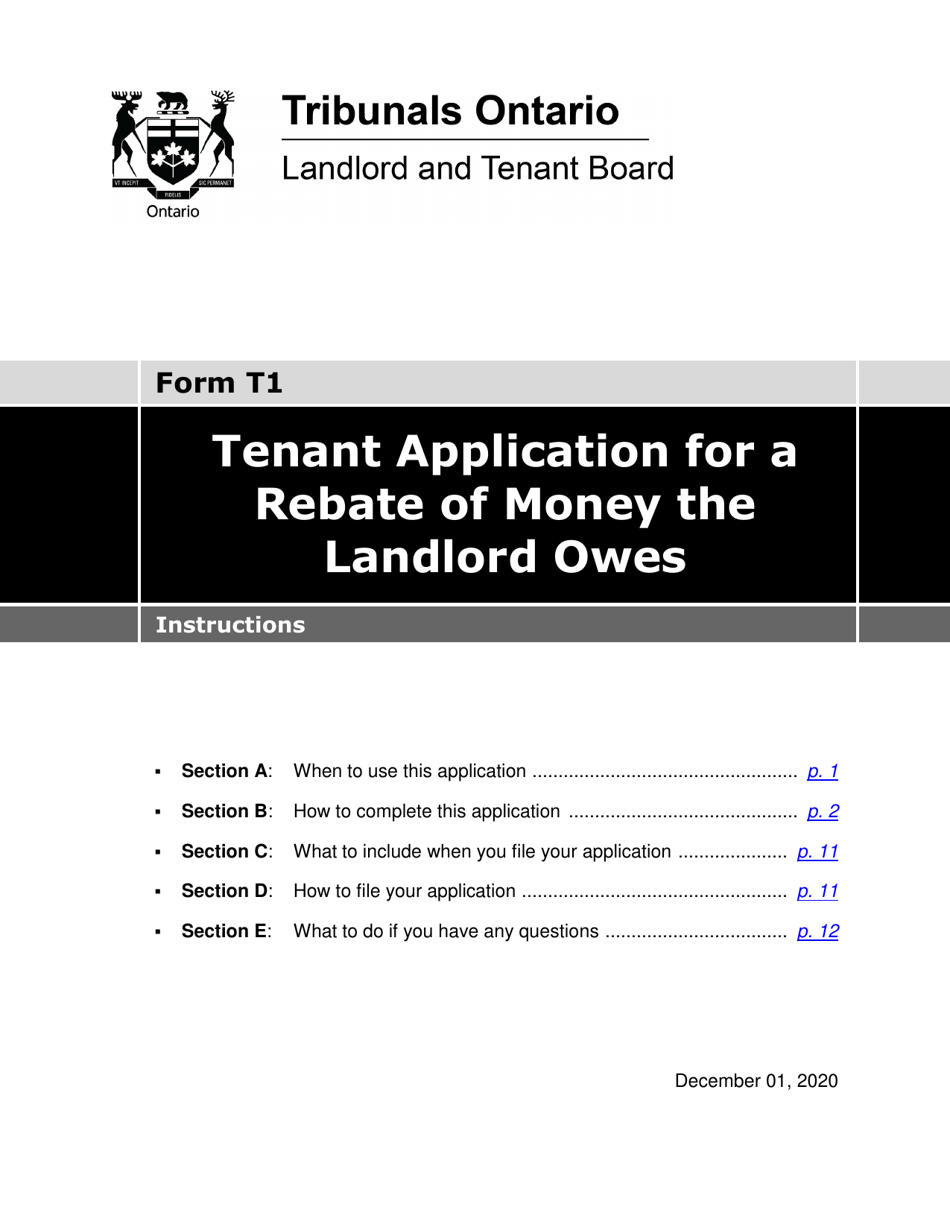 Instructions for Form T1 Tenant Application for a Rebate of Money the Landlord Owes - Ontario, Canada, Page 1