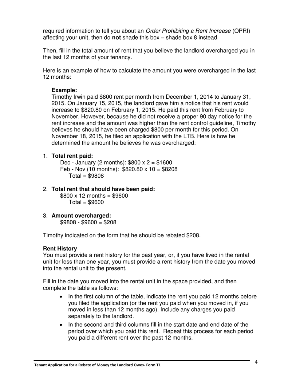 Instructions for Form T1 Tenant Application for a Rebate of Money the Landlord Owes - Ontario, Canada, Page 5