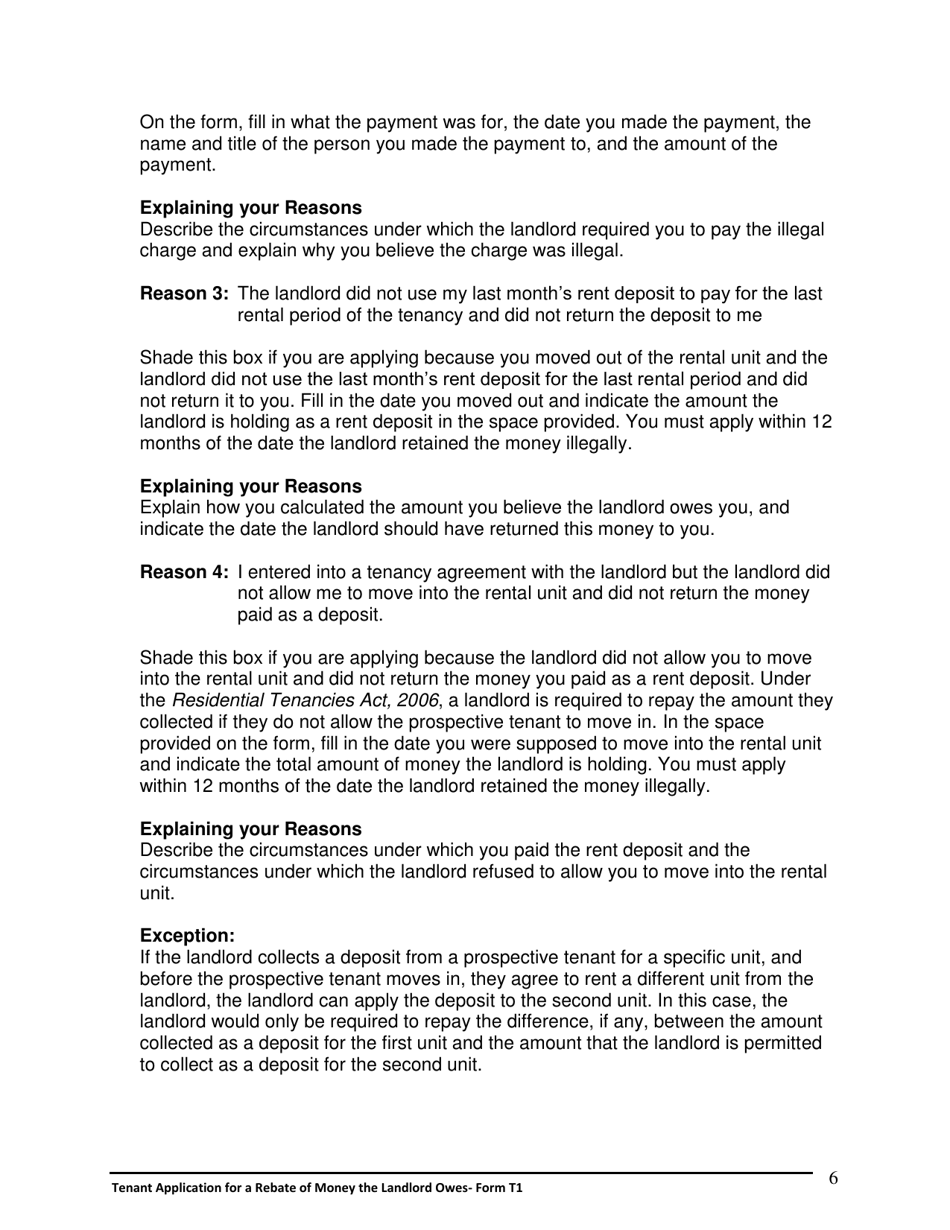 Instructions for Form T1 Tenant Application for a Rebate of Money the Landlord Owes - Ontario, Canada, Page 7