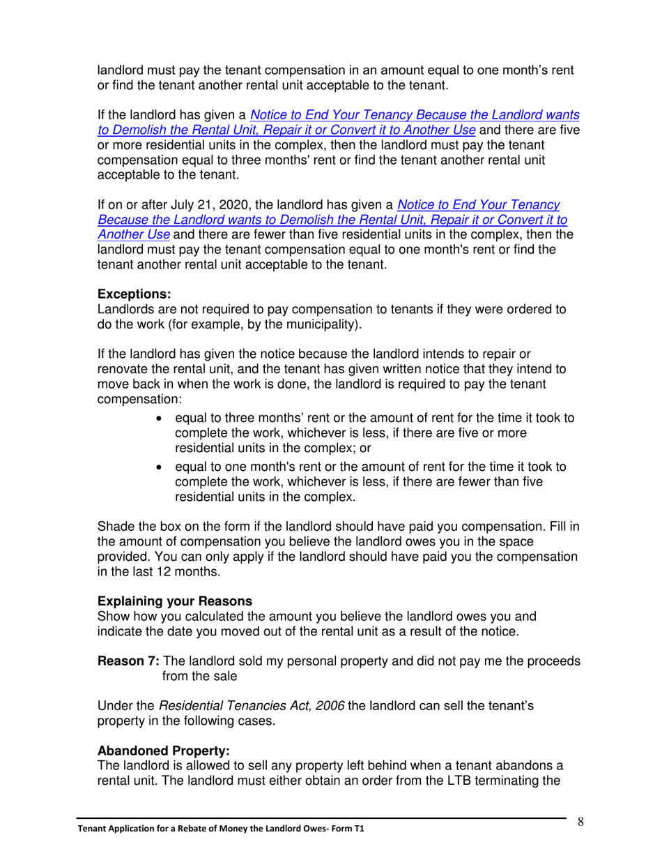 Instructions for Form T1 Tenant Application for a Rebate of Money the Landlord Owes - Ontario, Canada, Page 9