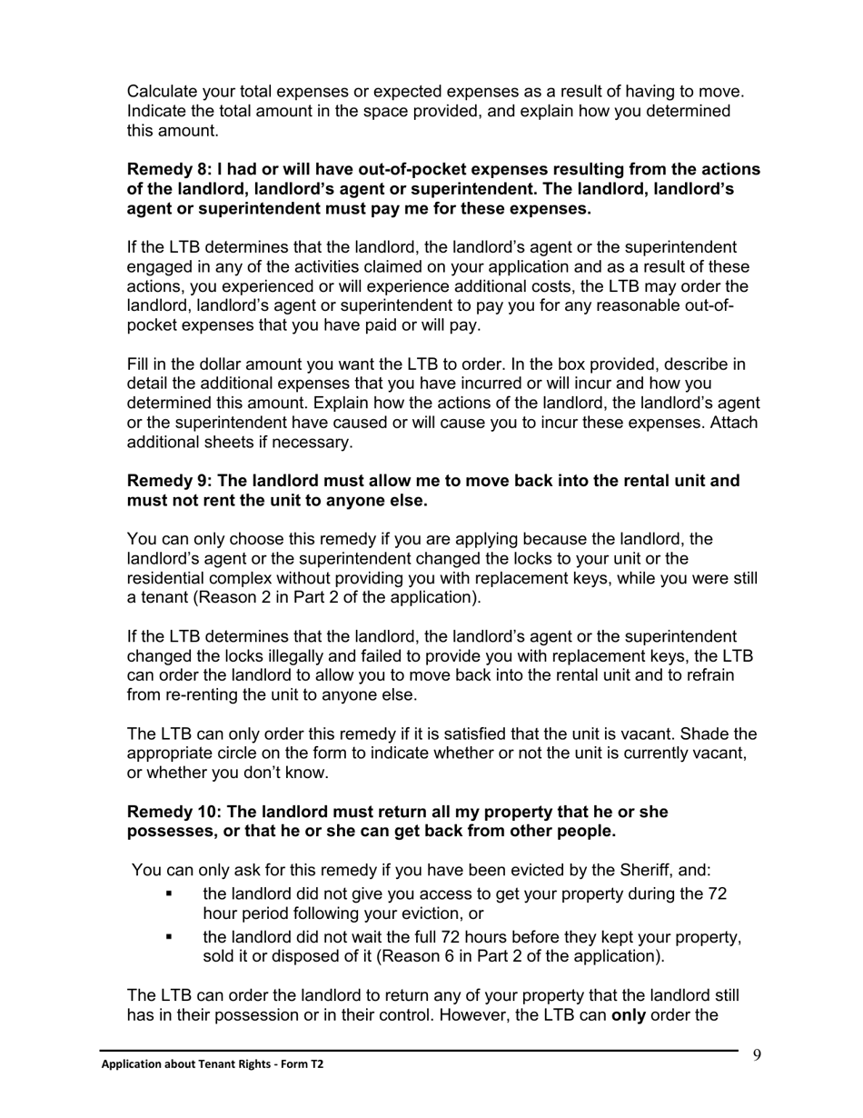 Instructions for Form T2 Application About Tenant Rights - Ontario, Canada, Page 10