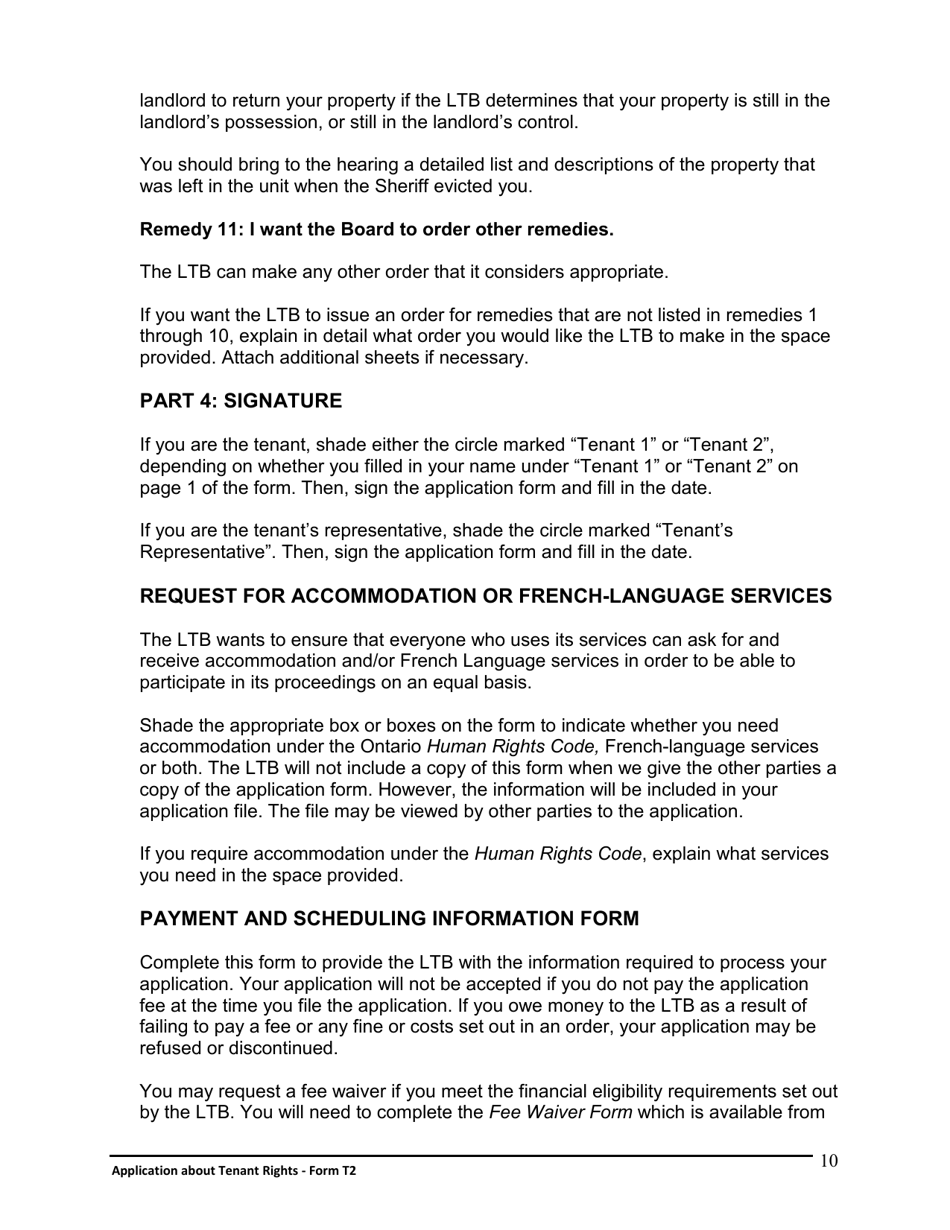 Instructions for Form T2 Application About Tenant Rights - Ontario, Canada, Page 11
