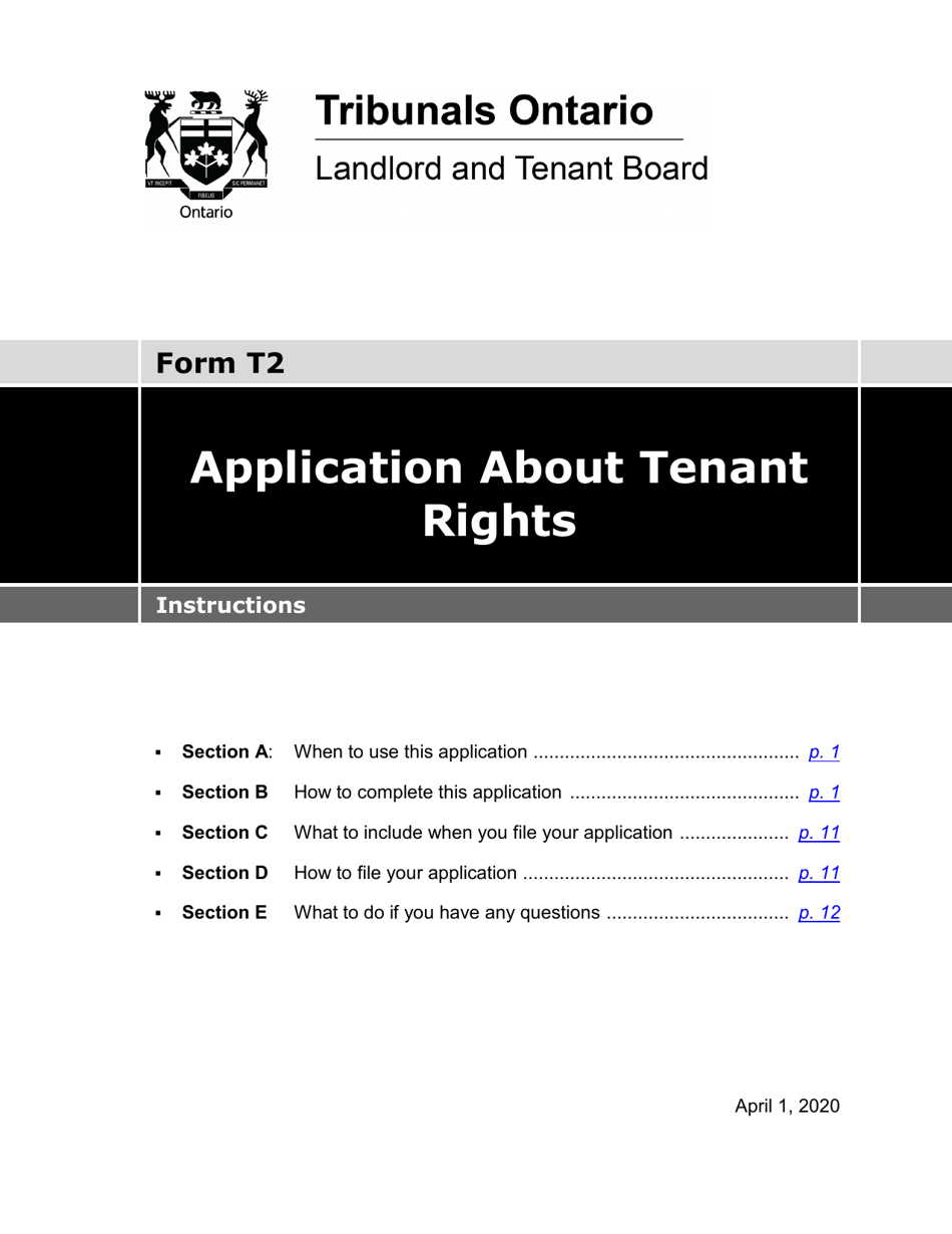 Instructions for Form T2 Application About Tenant Rights - Ontario, Canada, Page 1