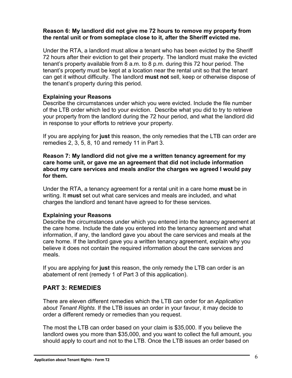 Instructions for Form T2 Application About Tenant Rights - Ontario, Canada, Page 7