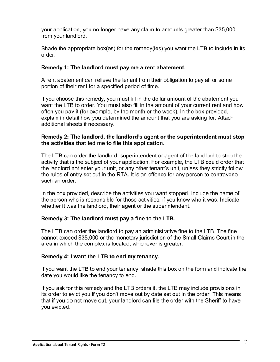 Instructions for Form T2 Application About Tenant Rights - Ontario, Canada, Page 8