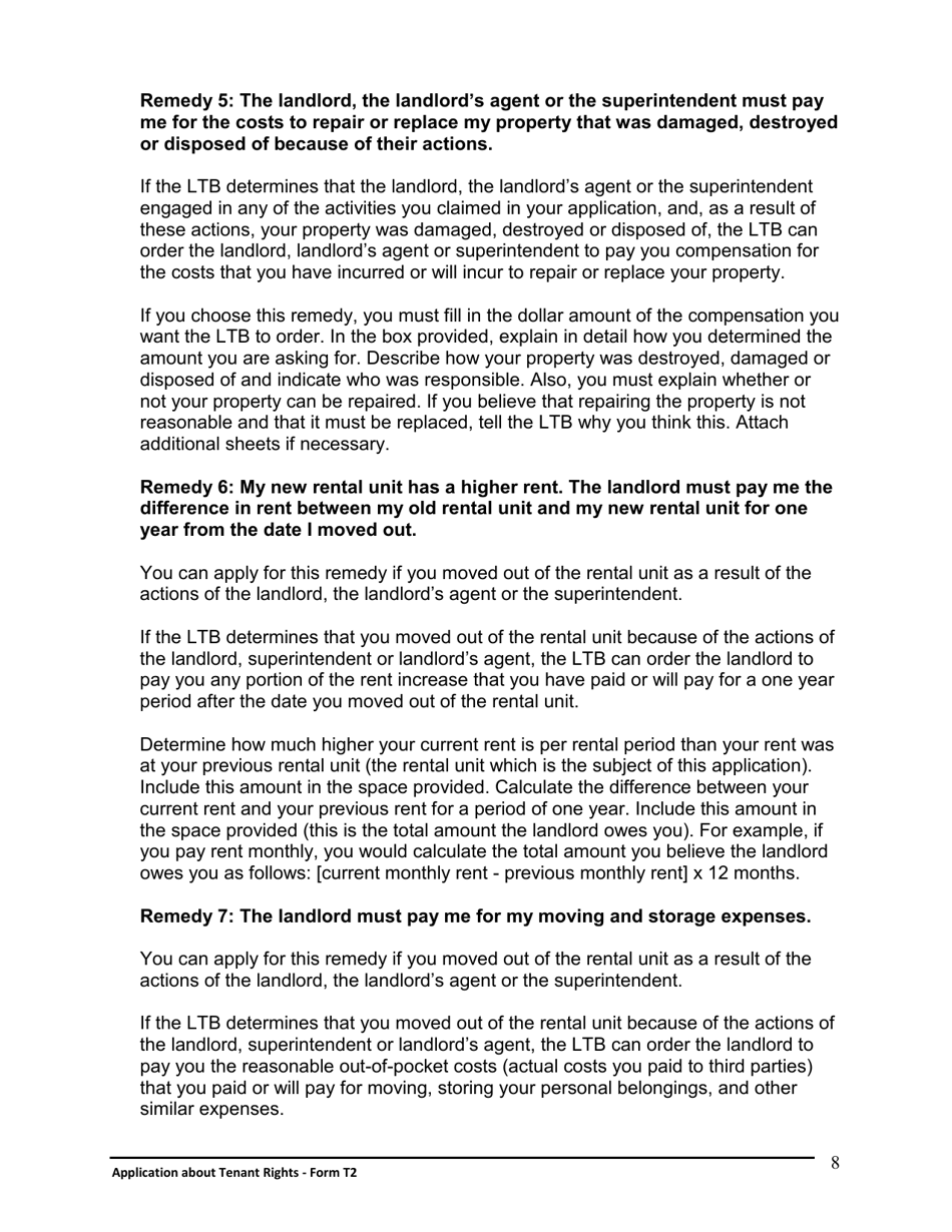 Instructions for Form T2 Application About Tenant Rights - Ontario, Canada, Page 9