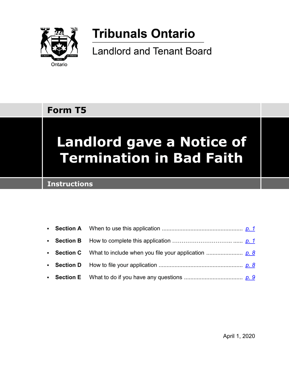 Instructions for Form T5 Landlord Gave a Notice of Termination in Bad Faith - Ontario, Canada, Page 1