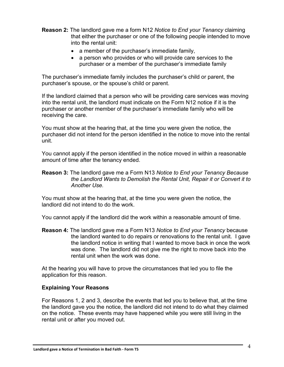 Instructions for Form T5 Landlord Gave a Notice of Termination in Bad Faith - Ontario, Canada, Page 5